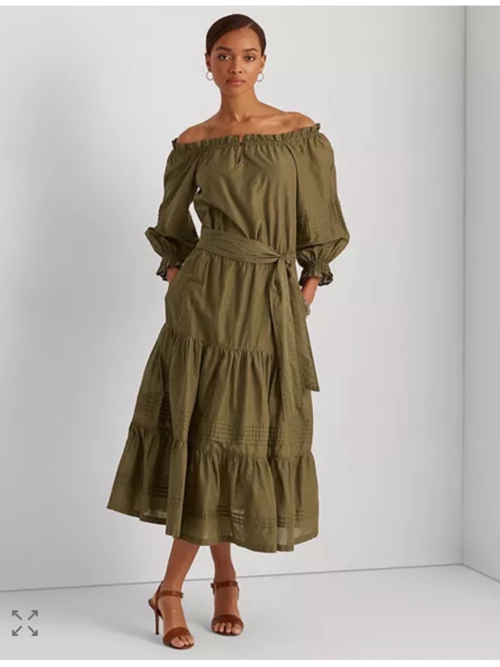 Lauren Ralph Lauren Olive Off-Shoulder Tiered Midi Dress with Waist Tie